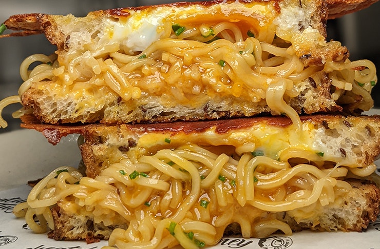 mi goreng toastie with runny egg